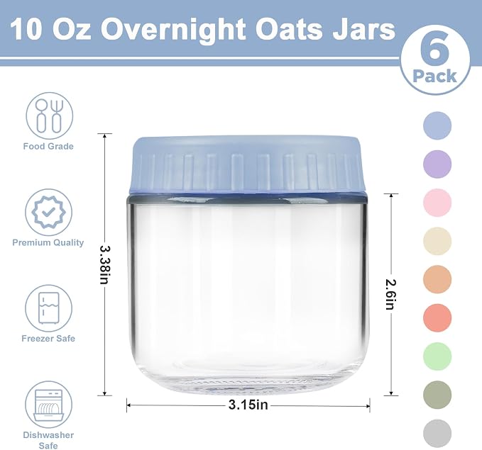 Overnight Oats Containers with Lids, 10oz Wide Mouth Mason Jars with Lids, 6 Pack Glass Jars with Airtight lid for Chia Pudding Yogurt Salad, Meal Prer Oatmeal Jars