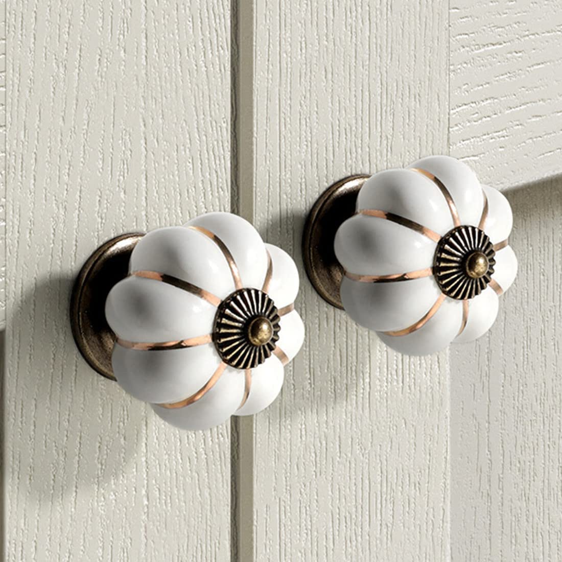 GDQLCNXB 10 Pcs Vintage Ceramic Pumpkin Cabinet Knobs, Kitchen Cabinet Drawers Dresser Cupboard Pull Handles Door Pulls with 3 Kinds of Screws(White)