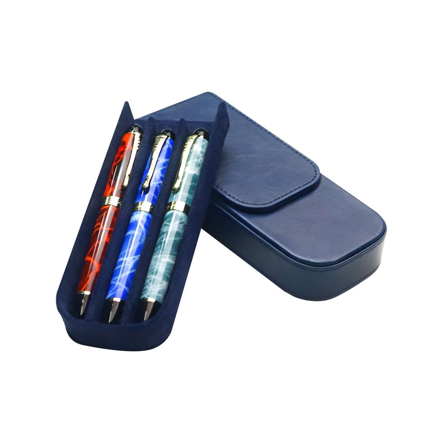 MIVLXLX PU Leather Triple Pen Case Pencil Pouch Holder for Three Fountain Ballpoint Rollerball Pens and Pencils Gift Choice for Man/Woman/Office (blue)