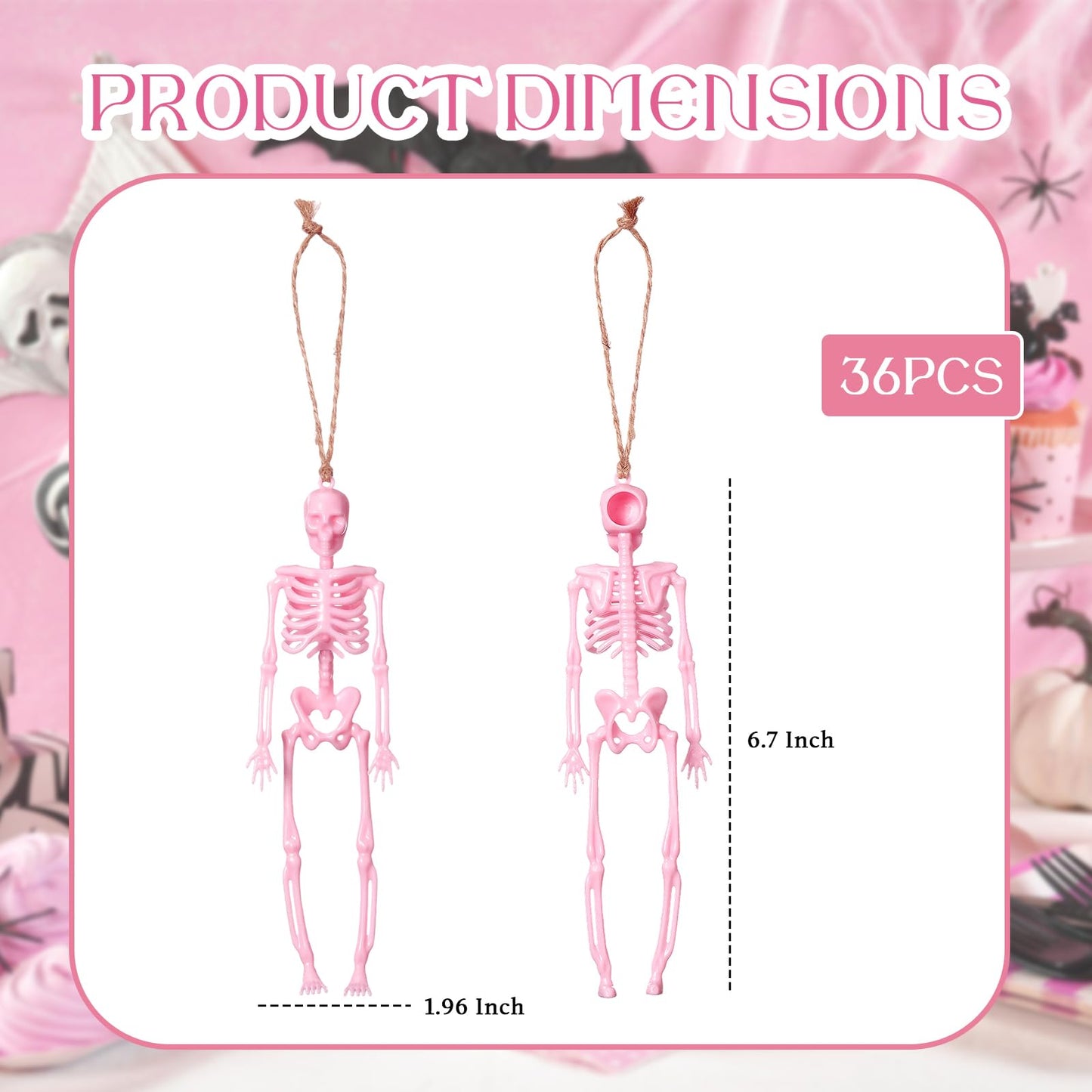 Roowest 36 Pcs Mini Skeleton Figurines Bulk, 6.7 Pink Halloween Skeletons Decor Small Plastic Hanging Skeletons for Halloween Craft Graveyard Haunted House Accessories Party Decor