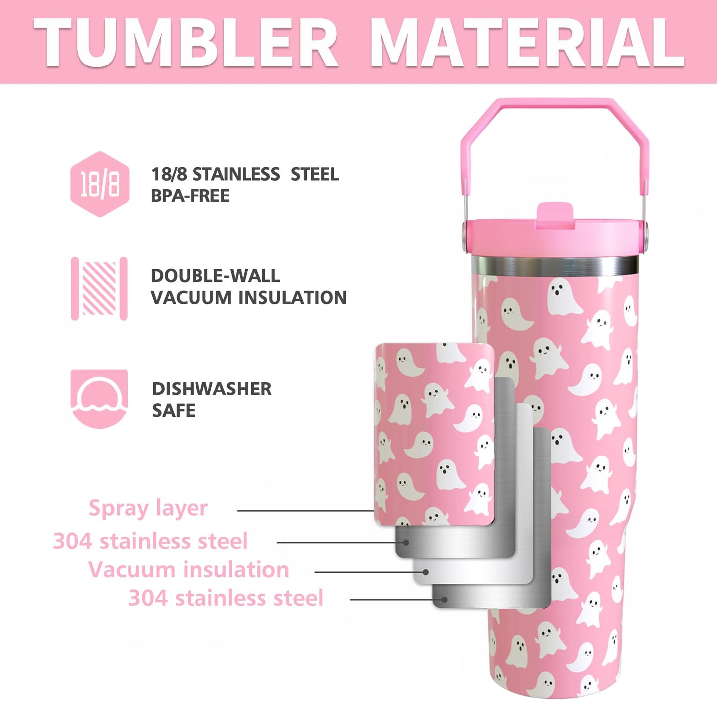 Aokoyi Halloween Ghosts 30oz Tumbler Gifts for Women Girls, Cute Spooky Stainless Steel Insulated Cup, Top Handle and Flip Straw Water Bottle Mug, Holiday Gifts