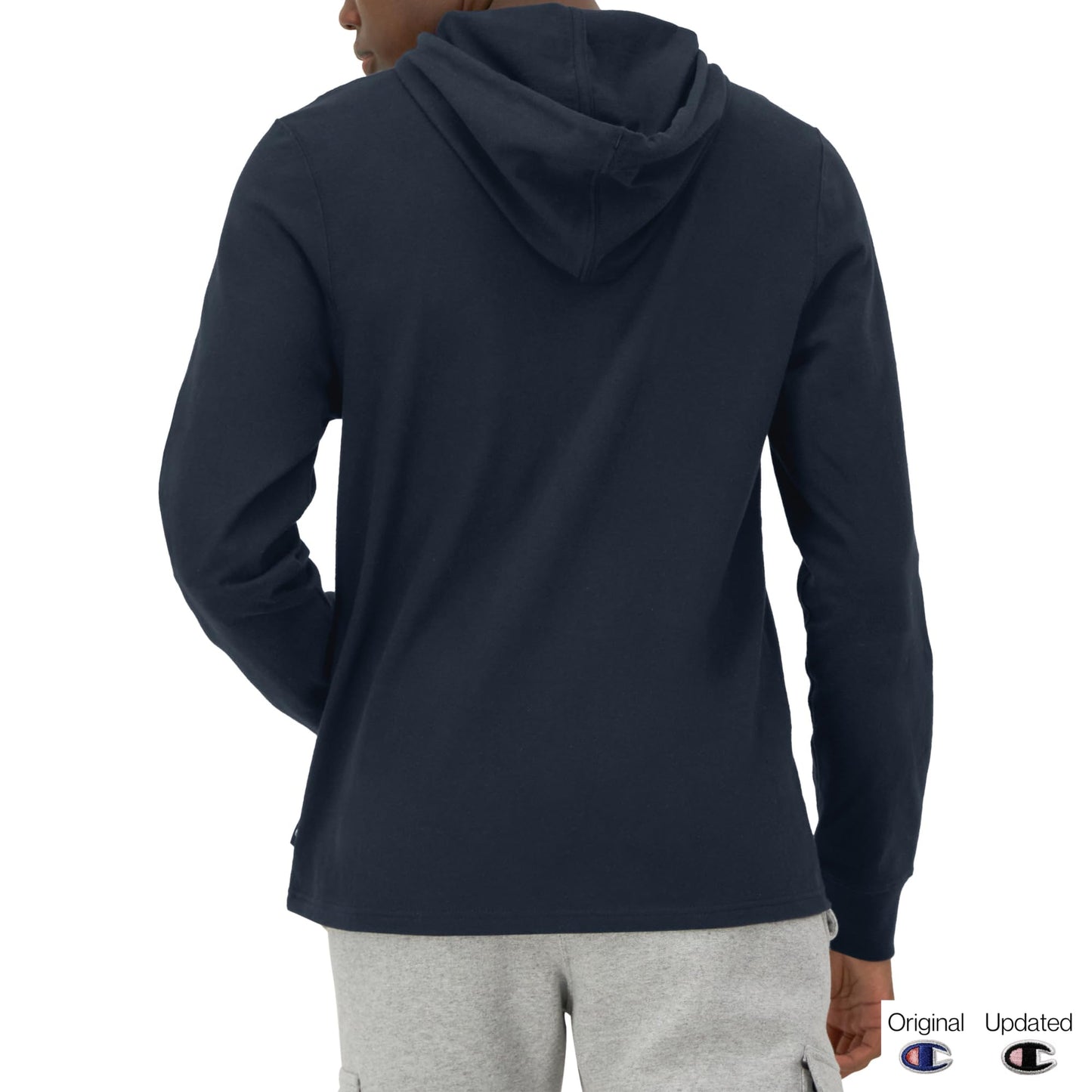 Champion Men's Pullover T-Shirt Hoodie, Standard Fit, Midweight, Navy-Classic Script Logo, Medium