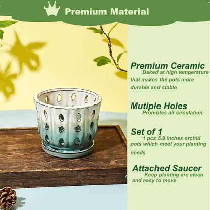 NiSevenLiving Orchid Pots with Holes Attached Saucers 6 Inches - 1 Pcs Small Ceramic Pots for Repotting, Decorative Ceramic Orchid Planter with Hole for Healthy Root Growth White Over Green