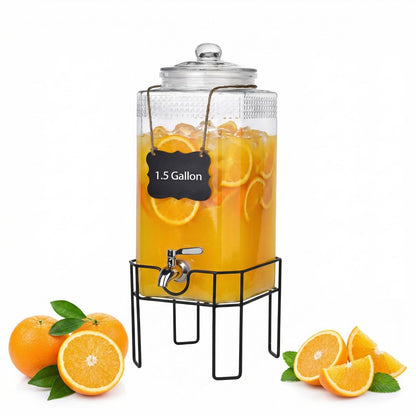 1.5 Gallon Glass Drink Dispenser, Drink Dispensers for Parties, Beverage Dispenser with Stand and Glass Lid, 100% Leakproof Spigot, Ideal for Lemonade, Juice, Iced Tea, Laundry Detergent