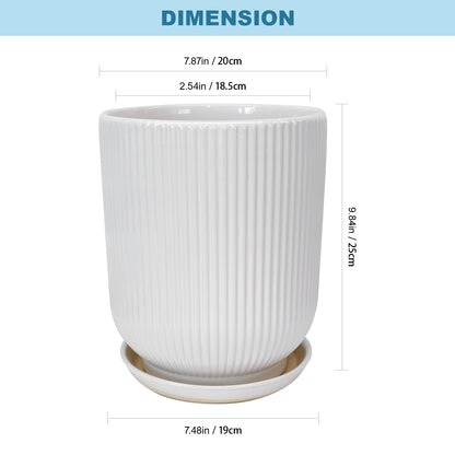 Deep Dream 8 Inch Ceramic Pots for Plants, Heavy Plant Pot for Indoor Outdoor Plants, Large Plant Pot with Drainage Hole and Saucer, Modern Tall Flower Pot, Gifts for Plant Lovers, White