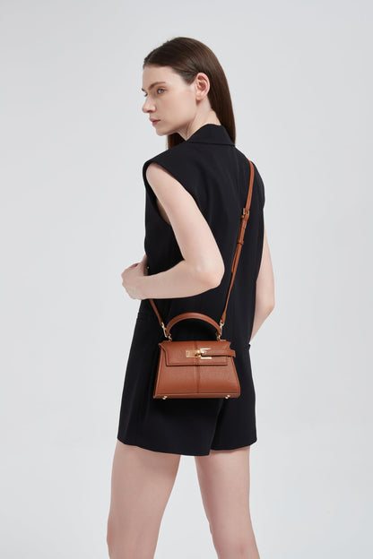 Women's Top Handle Handbag Vegan Leather Crossbody Bag,BROWN,SMALL
