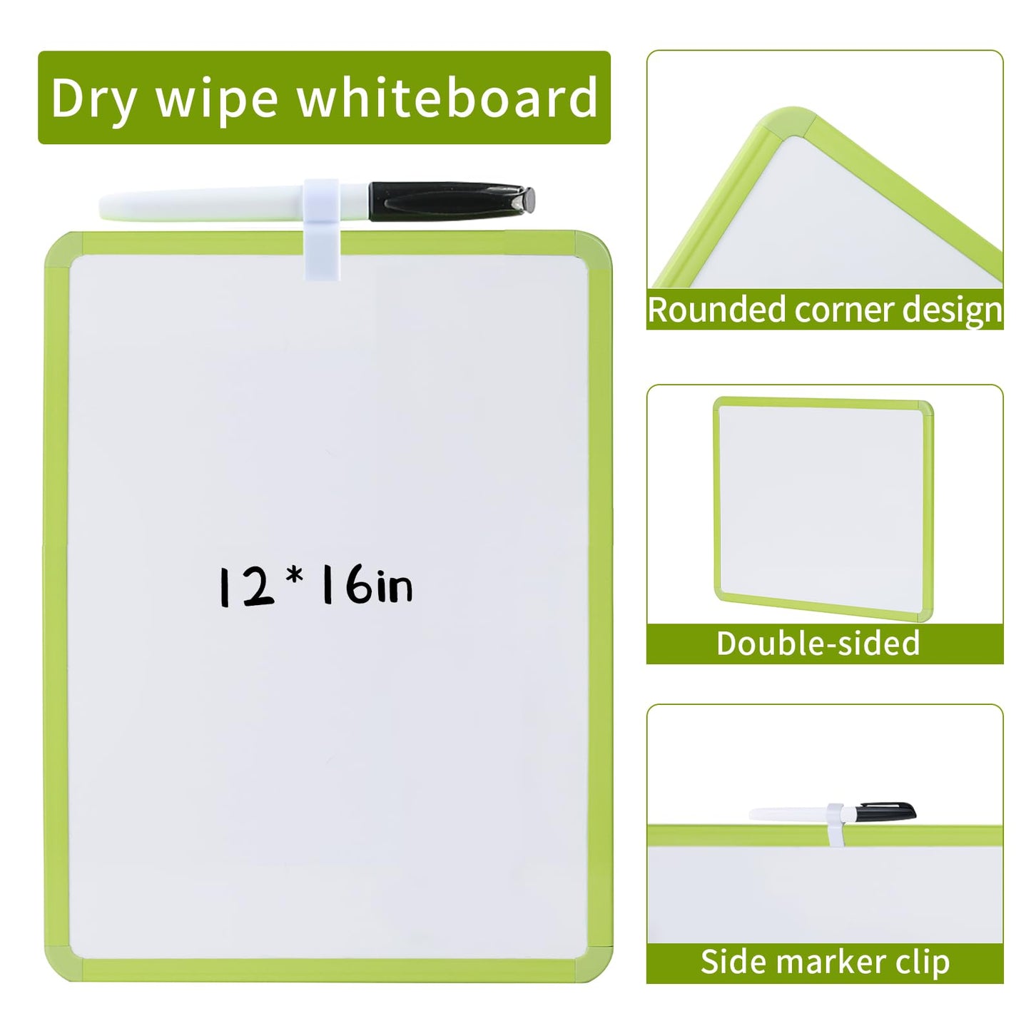MXG Double Sided White Board Dry Erase, 12x16 Inch Green Frame Small Whiteboard with Markers & Eraser, for Desk, Wall, Fridge, Portable Mini White Board for Coaches, Students, Kitchen