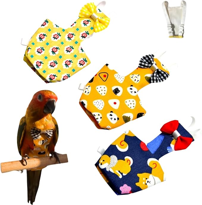 3PCS Bird Diaper with Adjustable Shoulder Strap Washable Parrot Diapers Reusable Bird Flight Suit Nappies Protective Breathable Nappy Clothes for Parakeet Macaw Conure (2M)