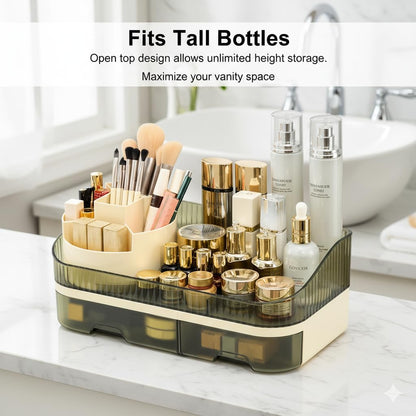Tidyladyo Makeup Organizer Countertop with Dual Drawers, Large Capacity Cosmetic Storage for Vanity Bathroom Skincare, 360° Rotating Makeup Brush Holder