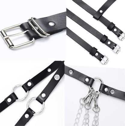 HUI GUO Women's Gothic Body Chain Belt Leather Punk Waist Belt with O-ring Metal Chain Tassel Adjustable Buckles(Black3), One Size