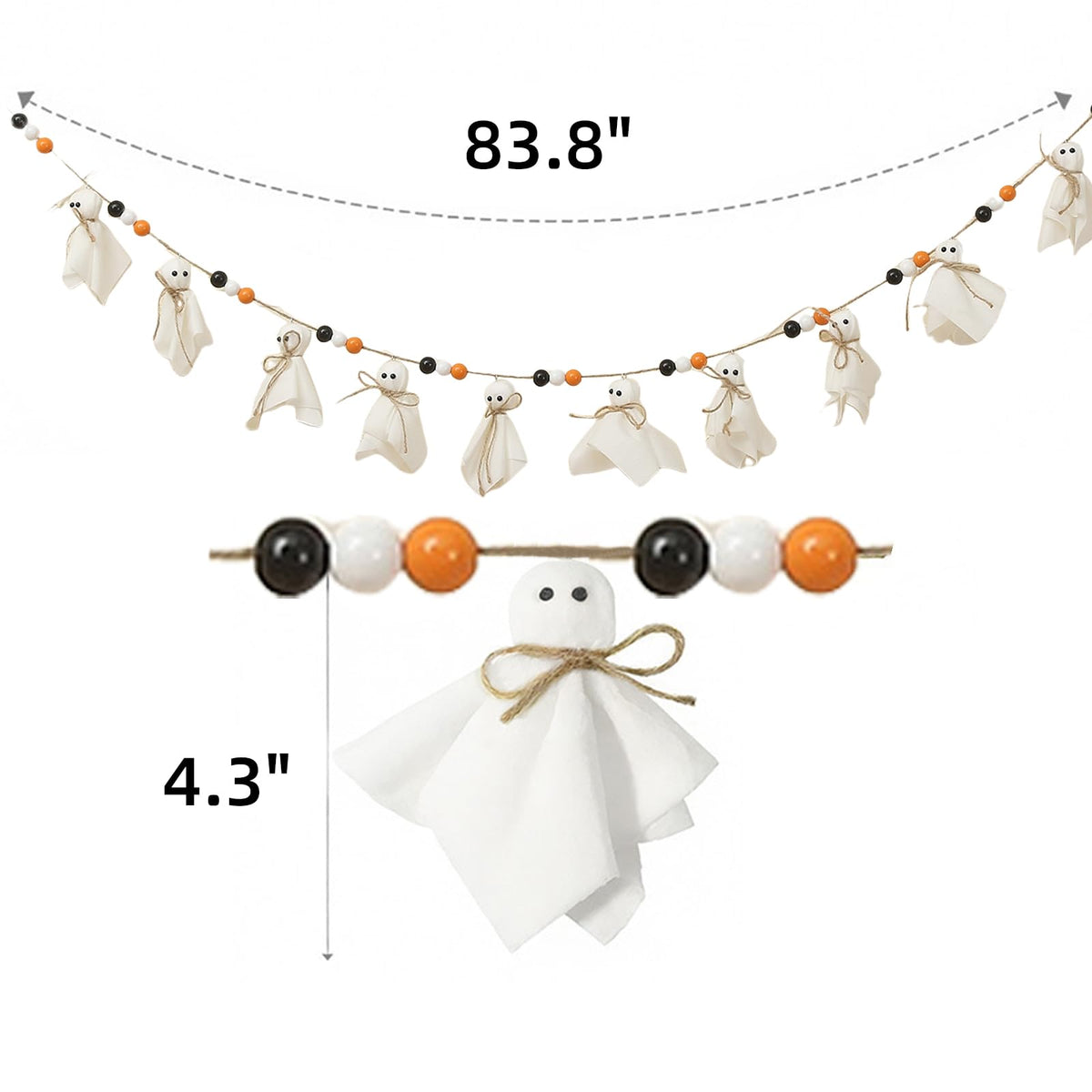 7Ft Halloween Banner Garland with Ghosts & Wooden Beads, Rustic Ghost Banner Hanging Ghost Garlands for Wall Home Indoor Outdoor Fall Decor Supplies(Black)