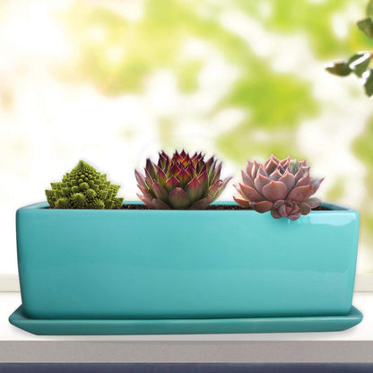 Vencer 12 Inch Rectangular Modern Minimalist Ceramic Succulent Planter Pot - Window Box with Saucer,Office Desktop Potted Stand,Turquoise,VF-0135T