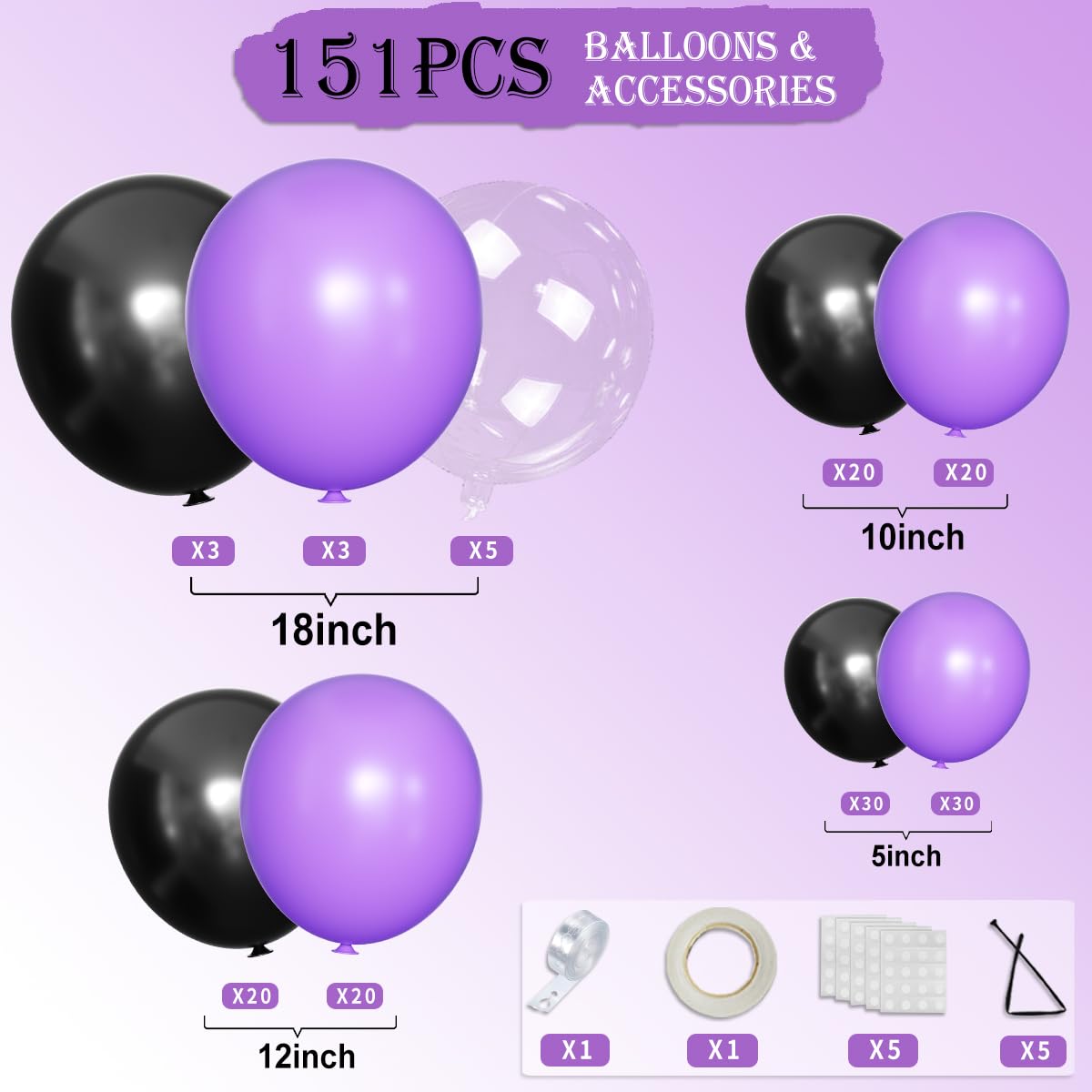 MOXMAY Purple and Black Balloons Garland Arch Kit, 151Pcs Latex Balloons Different Sizes 18 12 10 5 inch for Birthday, Graduation, Baby Shower, Wedding, Retirement, Halloween Party Decoration