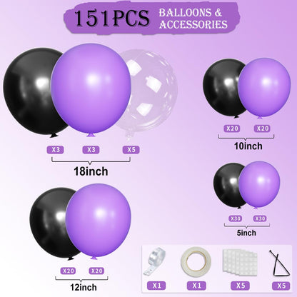 MOXMAY Purple and Black Balloons Garland Arch Kit, 151Pcs Latex Balloons Different Sizes 18 12 10 5 inch for Birthday, Graduation, Baby Shower, Wedding, Retirement, Halloween Party Decoration