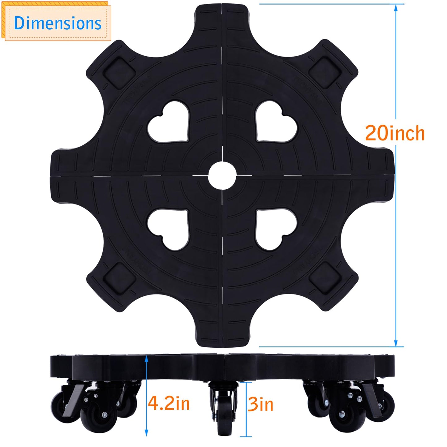 20 Inch Plant Caddy With Wheels - Heavy Duty Outdoor Indoor Rolling Plant Stand With Casters Black Plant Dolly Large Potted Planter Cart For Big Flower Pots Plants Pots, Heart Shaped Garden Pot Mover