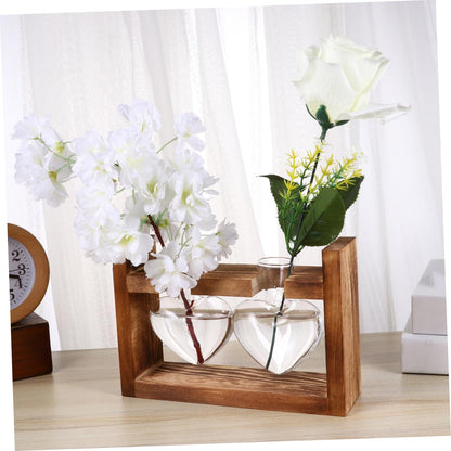 PRETYZOOM 2Pcs Retro Heart Shaped Hydroponics Planter with Wooden Rack Glass Vases for Flower Arrangement and Green Plant Propagation Temperature Resistant Decorative Terrarium for Home