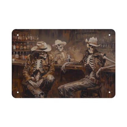 Metal Sign Poster 8x12 Inch Wild West Skeleton Cowboy in A Bar Oil Painting Print Western Wall Art Road Trip Gift Southwestern Cowboy Art Decor