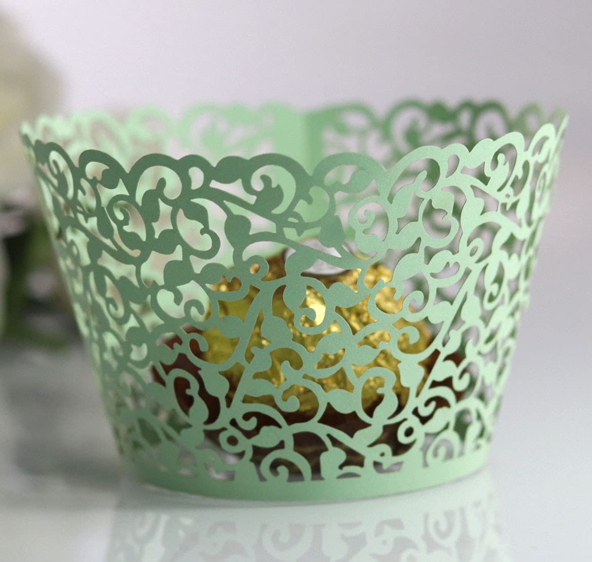 Worldoor 60Pcs Cupcake Wrappers Artistic Bake Cake Paper Filigree Little Vine Lace Laser Cut Liner Baking Cup Wraps Muffin CaseTrays for Wedding Party Birthday Decoration (Sage Green)