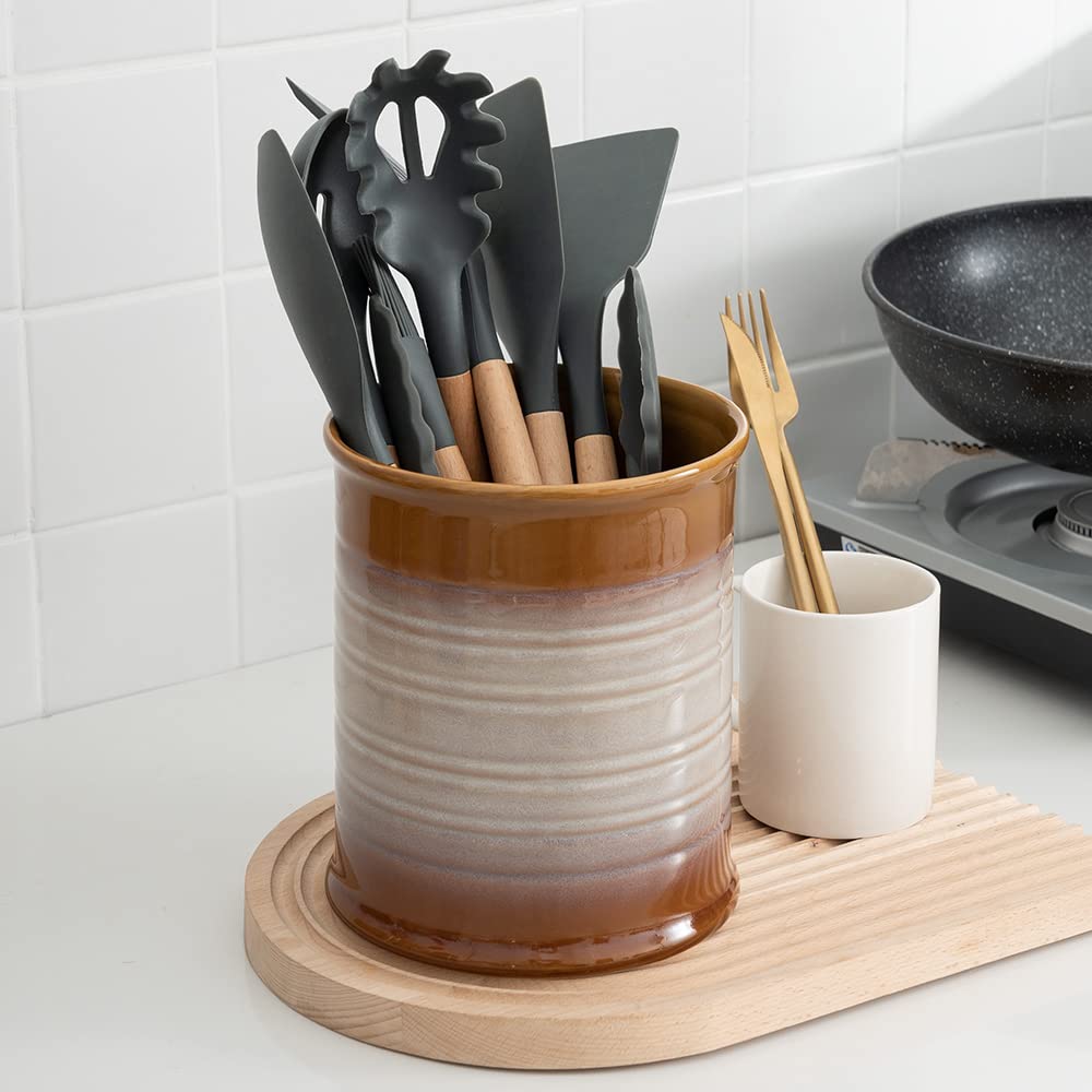 Nihow Ceramic Utensil Holder for Kitchen Counter, 7.2", Brown