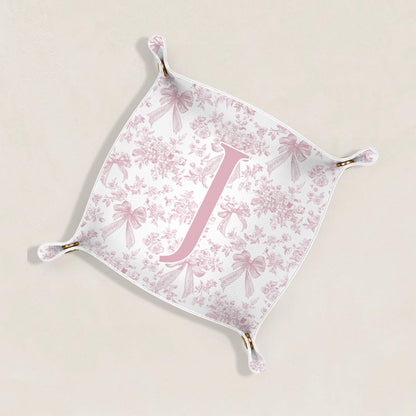 Dilemat Gifts for Women Initial Valet Tray,Pink Bow Personalized Gifts for Women Mom Grandma Girlfriend,Nightstand Desk Accessories PU Leather Tray Organizer for Birthday Christmas Gift Ideas (J)