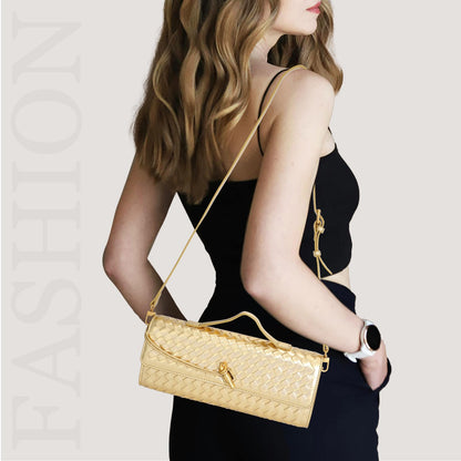 EGCUQ PU Leather Woven Gold Purse,Wedding Clutch,Woven Gold Clutch Purses For Women 11.8" x 1.7" x 4.9"
