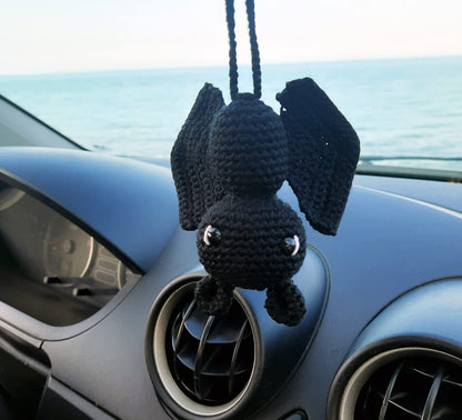 Handmade Bat Car Rearview Mirror Charm – Crochet Cute Amigurumi Halloween Ornament for Car, Backpack, Wall, Shelf – Spooky Fall Gothic Decor – Soft Plush Style