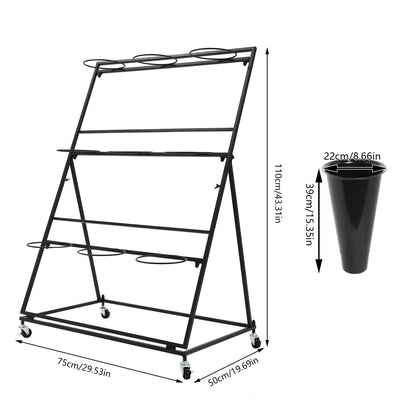 CNCEST Flower Display Stand With 9PCS Buckets,3 Layers Metal Plant Stand with Wheels,Moving Plant Cart Shelf Indoor Outdoor Flower Rack for Home Patio Balcony (Black, 3 Tier,9PCS)