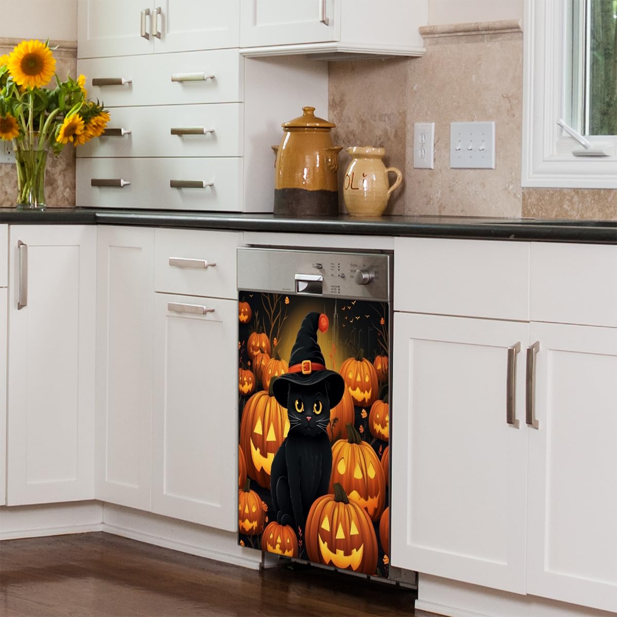 Dishwasher Magnet Cover Halloween Pumpkin Pattern Cut Cat Decorative Magnetic Dishwasher Sticker Front Dishwasher Door Cover 23"x26" for Refrigerator Panel Washing Machine Kitchen Decor