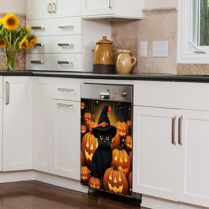 Dishwasher Magnet Cover Halloween Pumpkin Pattern Cut Cat Decorative Magnetic Dishwasher Sticker Front Dishwasher Door Cover 23"x26" for Refrigerator Panel Washing Machine Kitchen Decor