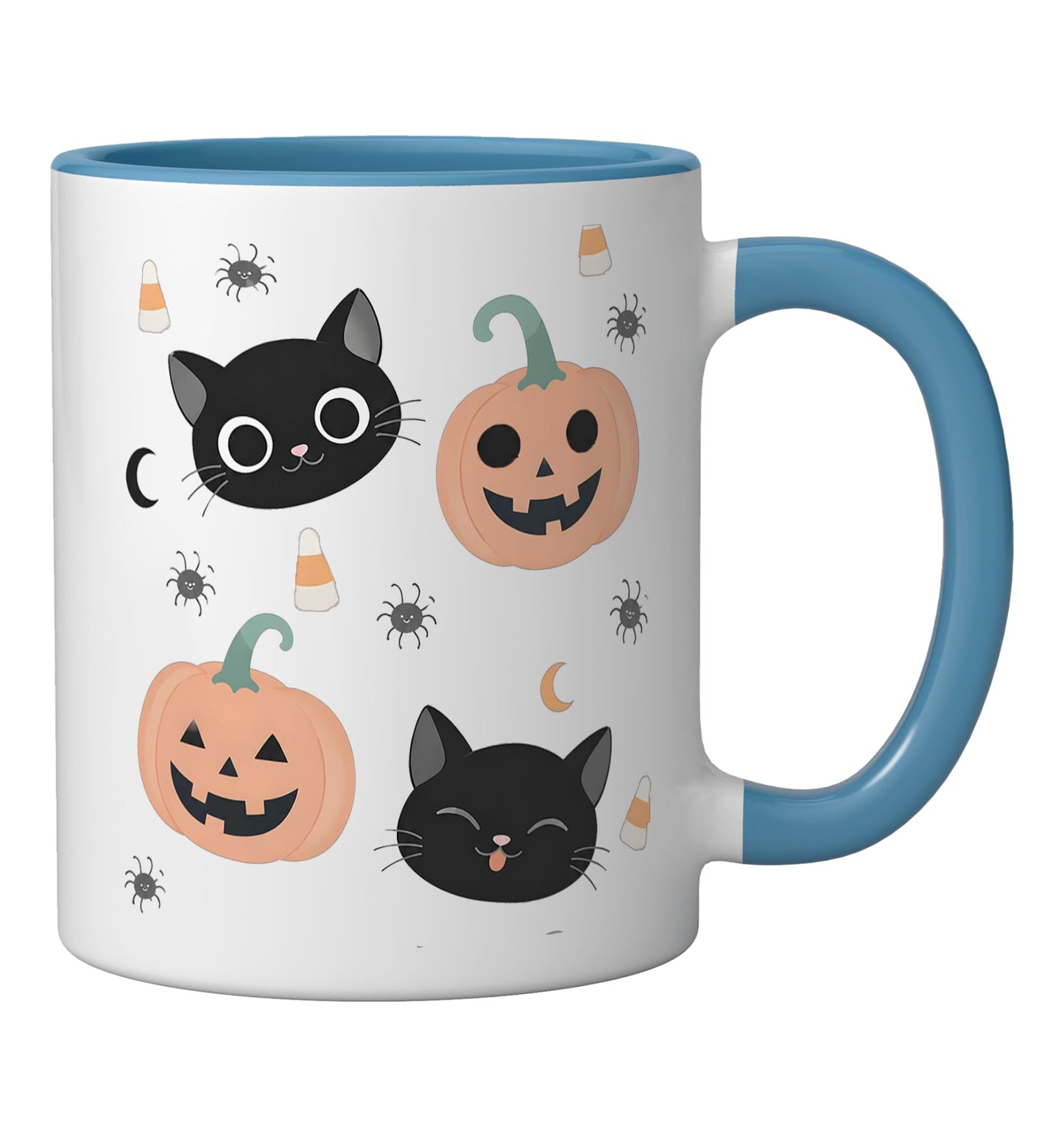 Halloween Cute Black Cat Jack-o-Lantern Candy Corn Pattern Ceramic Mug, Blue/White