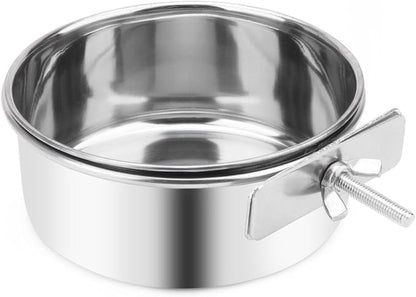 Pet Food Water Bowl with Clamp Holder Stainless Steel Coop Cup Hanging Feeder for Dog Bird Parrot Cat Rabbit (M)