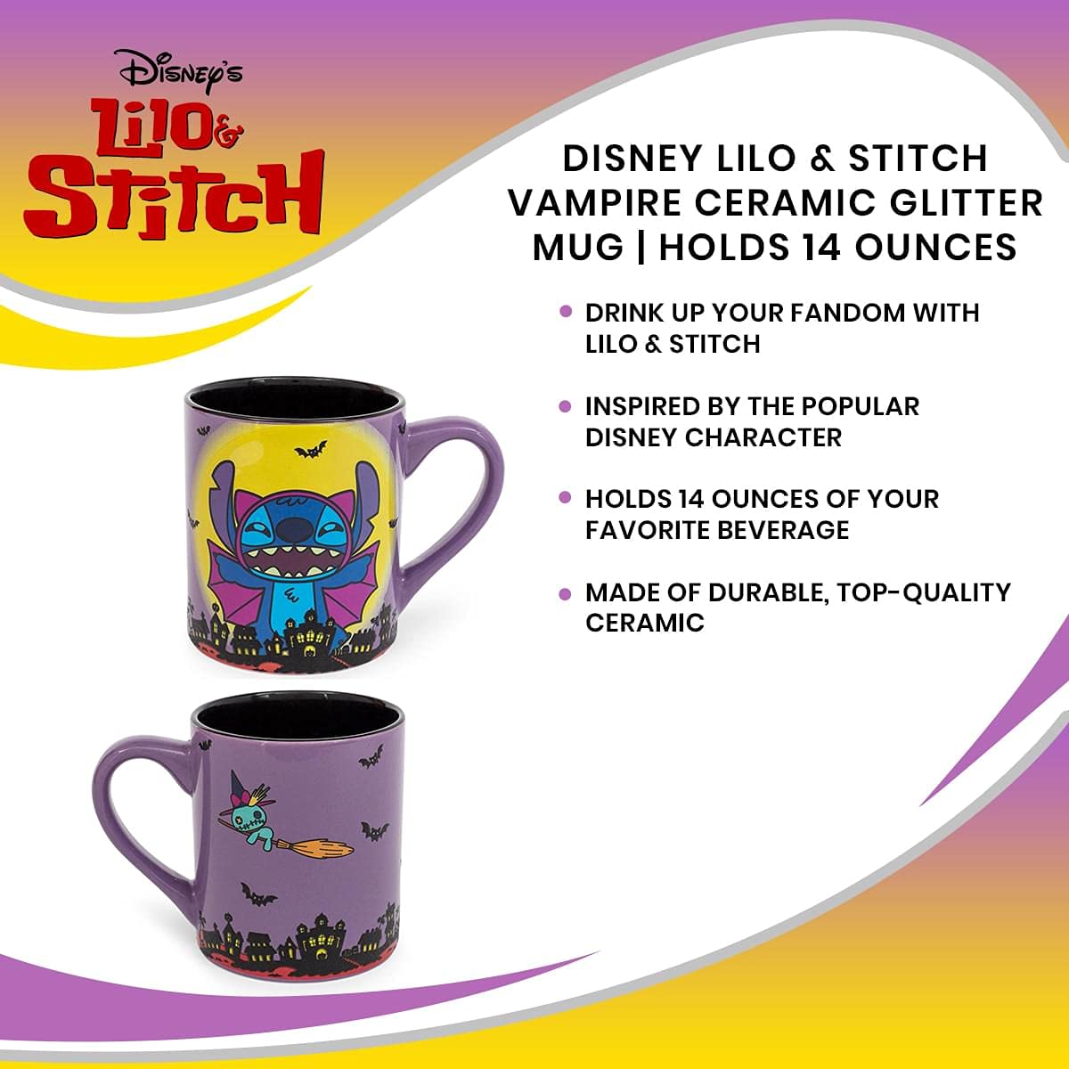 Lilo & Stitch Vampire Ceramic Glitter Mug | Official Disney Kitchen Accessories | Oversized Coffee Cup For Home Kitchen Bar Set | Halloween Gifts | Holds 14 Ounces