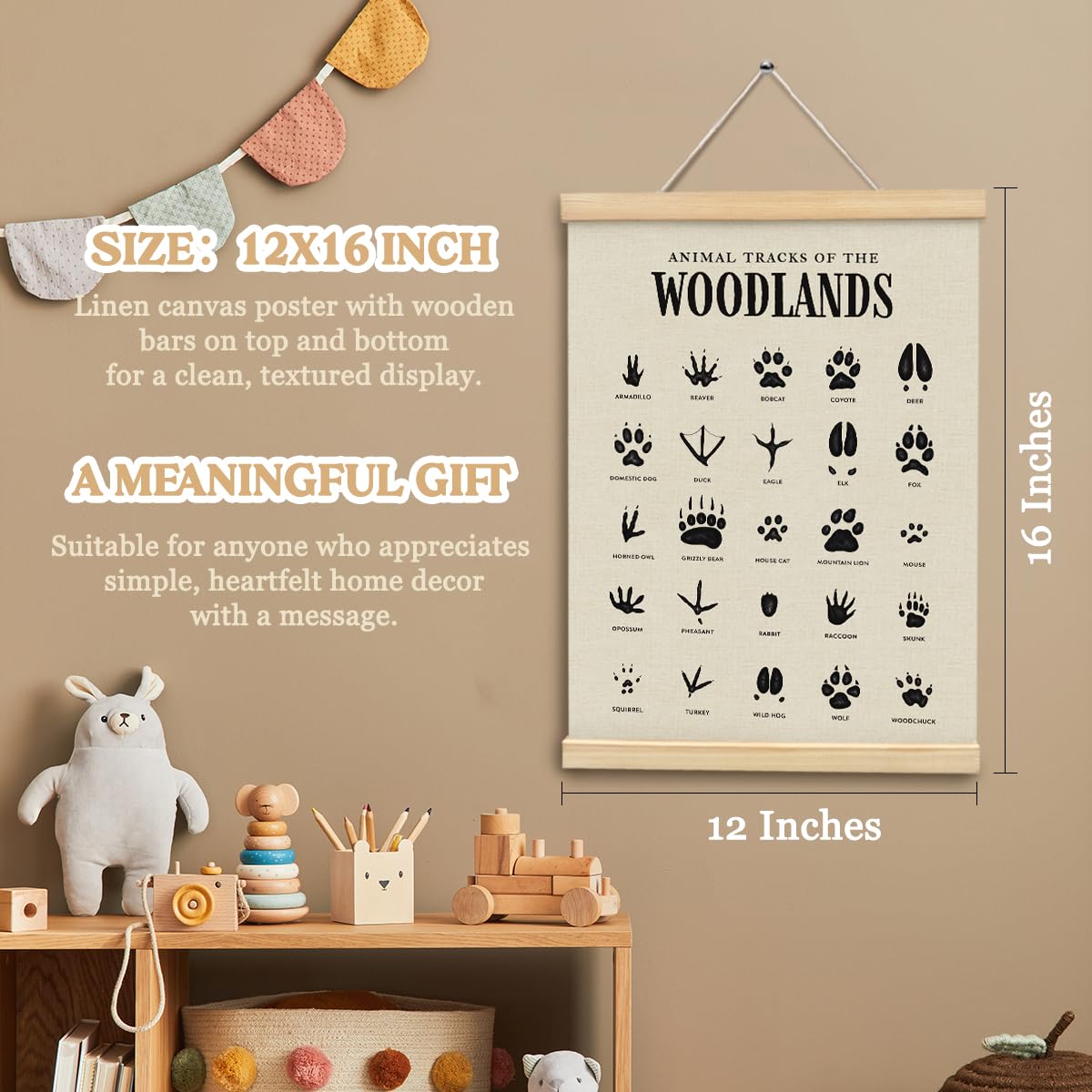 MOFUYU Woodland Tracks Wall Decor Canvas Hanging Banner, Nursery Decor Mountains, Woodland Nursery Poster Hanger Frame for Kids Room,Classroom,Playroom Cabin 12x16 Inch