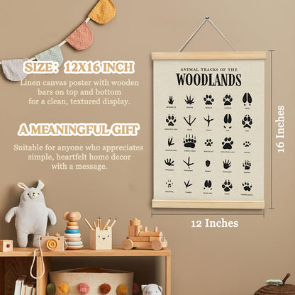 MOFUYU Woodland Tracks Wall Decor Canvas Hanging Banner, Nursery Decor Mountains, Woodland Nursery Poster Hanger Frame for Kids Room,Classroom,Playroom Cabin 12x16 Inch