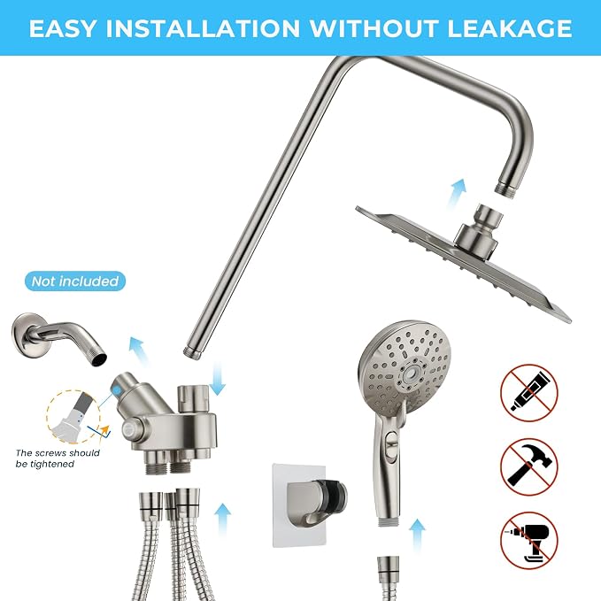 Ryamen Dual Shower Head Combo, 8'' High Pressure Rain Shower Head with Handheld Spray, 6+1 Spray Settings Handheld Showerhead, Height Adjustable, One-touch Pause Button, Brushed Nickel