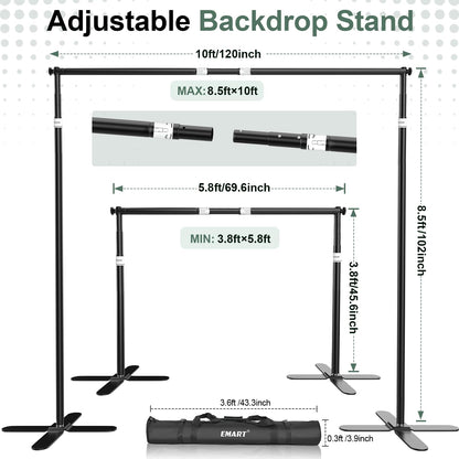 EMART Pipe and Drape Backdrop Stand Kit 8.5x10ft, Heavy Duty Back Drop Adjustable Stand with X-Shaped Base, Metal Background Frame for Parties Wedding Birthday Decoration Photography Photo Booth Video