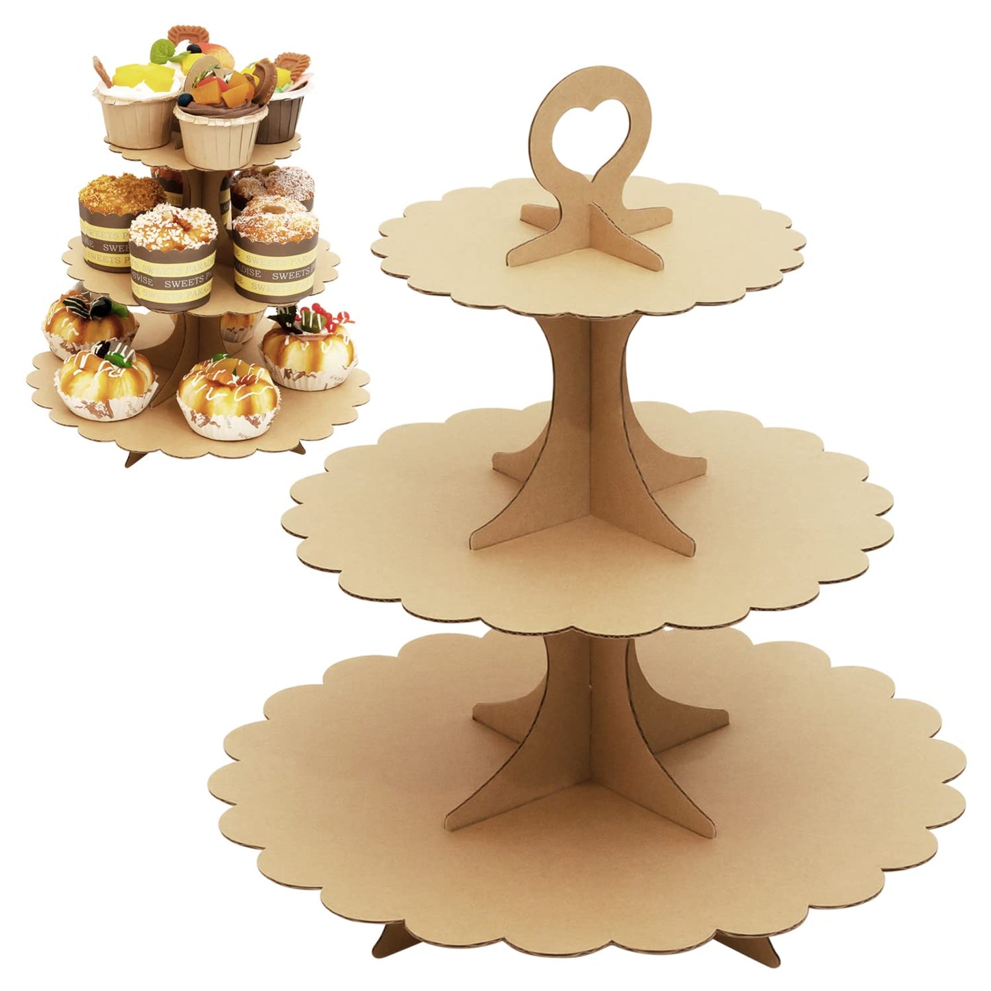 Humlindo 3-Tier Brown Cupcake Stand, Vintage Kraft Paper Dessert Display Tower, Rustic Party Serveware for Wedding Birthday Baby Shower (2-Pack) ﻿