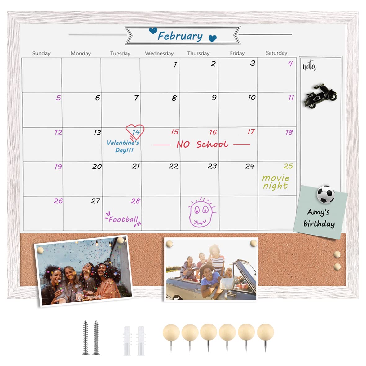 Dry Erase Calendar Whiteboard for Wall, Combination Magnetic Dry Erase White Board & Bulletin Board, 17.7" x 21.6" White Wood Framed Calendar/Cork Combo Board(WH-4555)