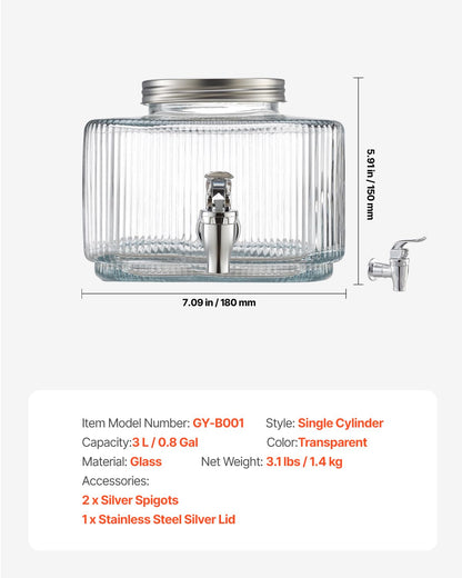 VEVOR Beverage Dispenser, 0.8 Gallon Drink Dispensers for Parties, Glass Juice Dispenser with No-Drip Spigot and Lid, Iced Tea Lemonade Juice Water Dispensers for Restaurants, Hotels, Parties