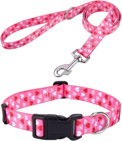 Mihqy Dog Collar and Leash Set - Adjustable Heart Dog Collar - Love Theme - Perfect for Small Medium Large Dogs(Pink Heart Set,M)