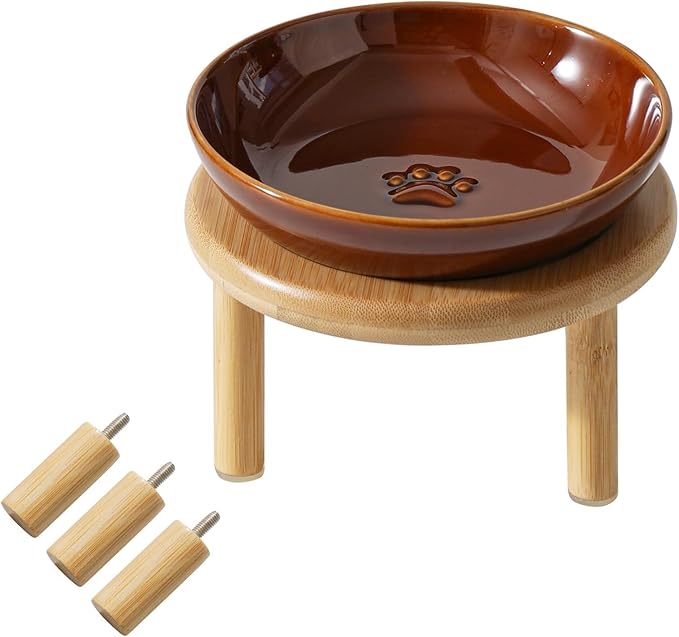 Havniva Elevated Cat Bowls Raised Ceramic Cat Bowl, 5.7” Wide Opening Cat Food Bowl Whisker Friendly Cat Dish Anti-Slip with Bamboo Stand, Shallow Pet Food & Water Bowl for Indoor Cats