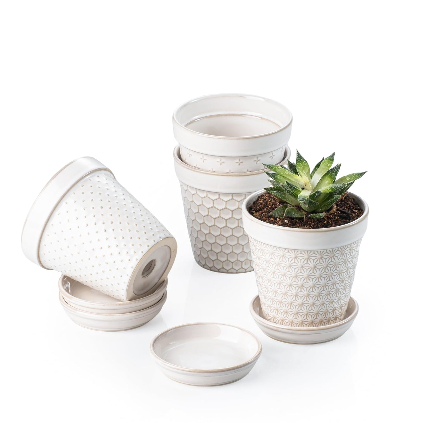 MIKIGEY Ceramic Succulent Pots with Drainage Hole & Saucer, 4 Inch Small Plant Pots, Ceramic Planter for Indoor Plants, Embossed Flower Pots, Home Decor, Set of 4, Off-White