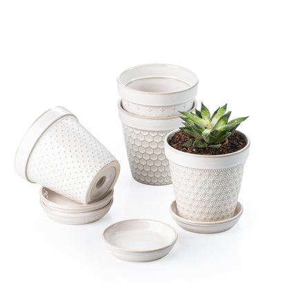 MIKIGEY Ceramic Succulent Pots with Drainage Hole & Saucer, 4 Inch Small Plant Pots, Ceramic Planter for Indoor Plants, Embossed Flower Pots, Home Decor, Set of 4, Off-White