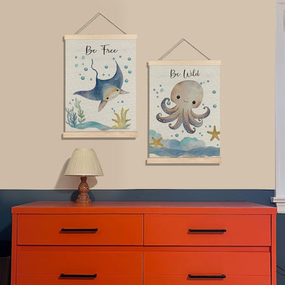 BearCake Ocean Nursery Decor, Stingray Octopus Under the Sea Wall Art Poster Hanger Frame, Inspirational Beach Nursery Canvas Prints Framed Wall Decor for Kids Room Playroom, 12x16 Inch Set of 2