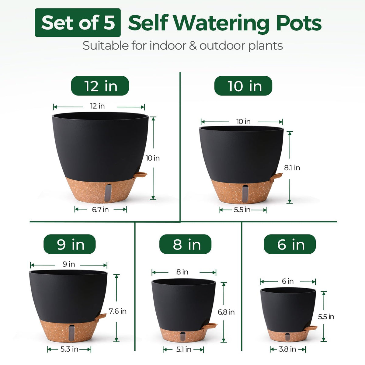 T4U 5 Pack Self Watering Pots (6"+8"+9"+10"+12") - Water Level Indicator & Deep Reservoir, Mess-Free Planters for Busy People, Beginners & Gardeners, Fit Most Plants, Indoor Outdoor Use (Black)