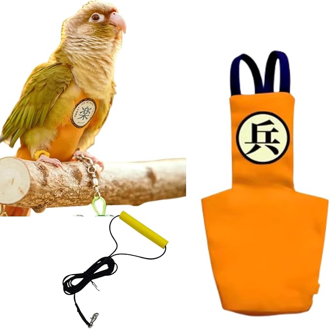 MANON ROSA Bird Diapers Leash Set Washable Reusable Handmade Flight Suit Waterproof Inner Layer - Protective Parrot Nappy Clothes Parakeets Macaws Budgies Canaries (Orange2,Budgie)