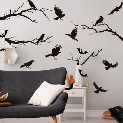 Raven Peel and Stick Wall Stickers - Black Crows, Winter Branches, Halloween Tree Branch Designs - Removable Vinyl Decals