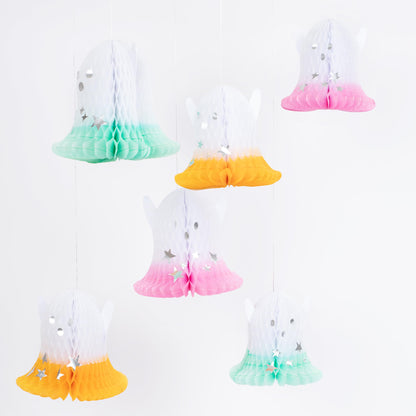 Meri Meri Ombré Ghost Hanging Halloween Party Decorations (Pack of 6), 3 Small Ghosts 5.75”, 3 Large Ghosts 6.75”, Hanging Halloween Decorations Indoor, Included Silver Hanging Cord