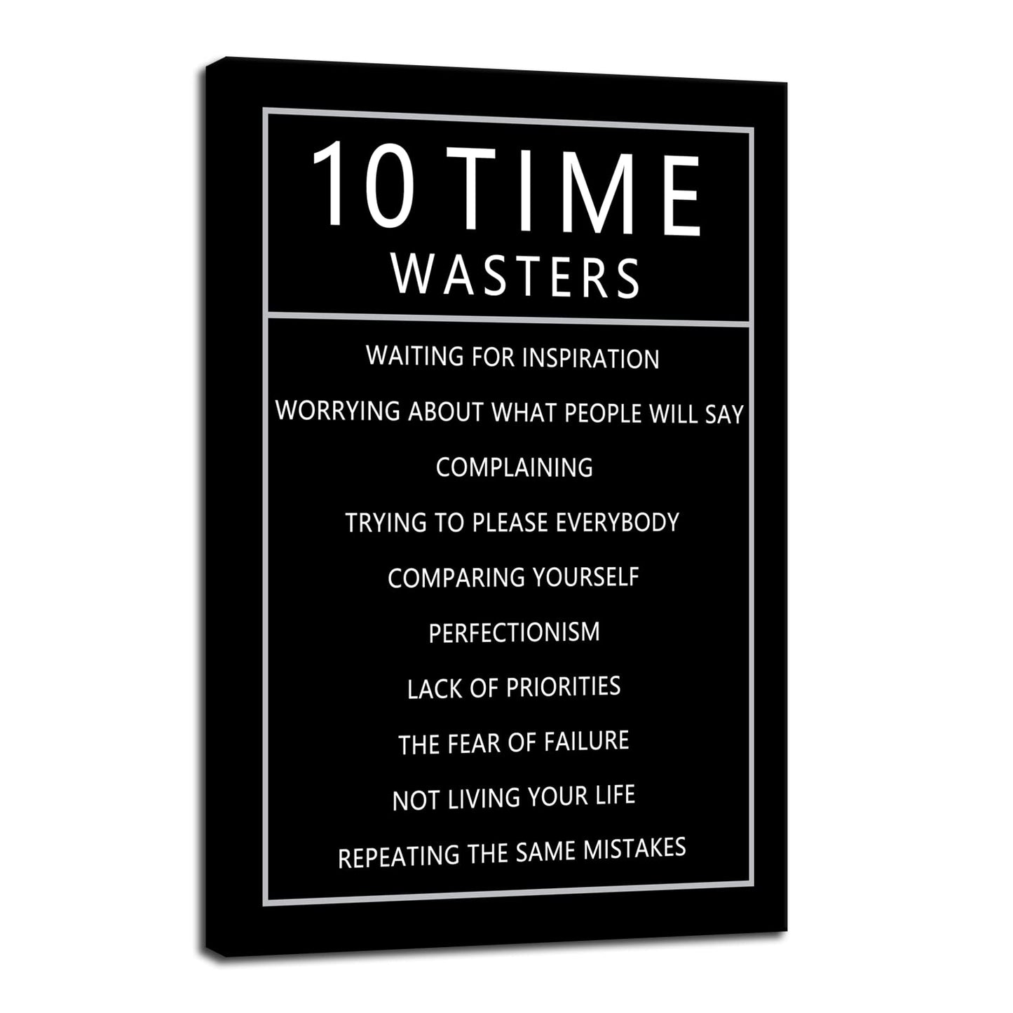 Inspirational 10 Time Wasters Wall Art for Office Motivational Positive Quote Canvas Poster Wall Decor Paintings Wooden Framed Artwork Living Room Bedroom Home Decoration Ready to Hang [24''W x 36''H]