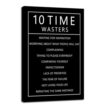 Inspirational 10 Time Wasters Wall Art for Office Motivational Positive Quote Canvas Poster Wall Decor Paintings Wooden Framed Artwork Living Room Bedroom Home Decoration Ready to Hang [24''W x 36''H]